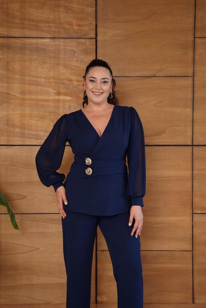 Lacivert Kadın Uzun Kollu Düğmeli Takım - Görsel 5