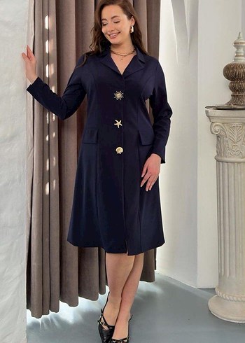Düğmeli Lacivert Uzun Kadın Takım Elbise - Görsel 5