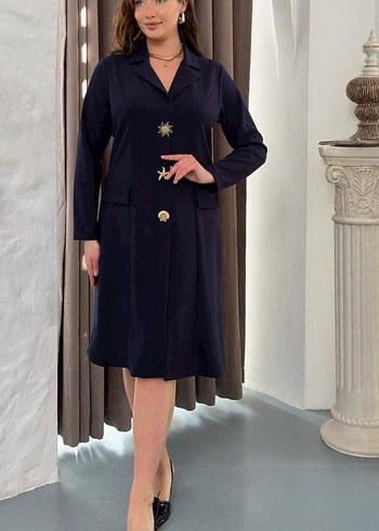 Düğmeli Lacivert Uzun Kadın Takım Elbise - Görsel 3