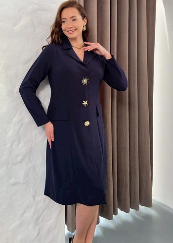 Düğmeli Lacivert Uzun Kadın Takım Elbise - Görsel 6