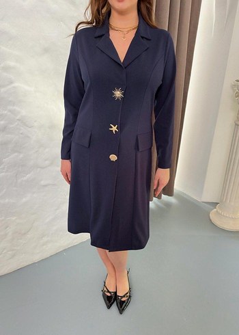 Düğmeli Lacivert Uzun Kadın Takım Elbise - Görsel 4