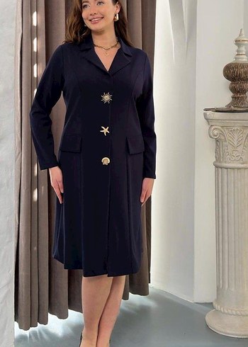 Düğmeli Lacivert Uzun Kadın Takım Elbise - Görsel 2
