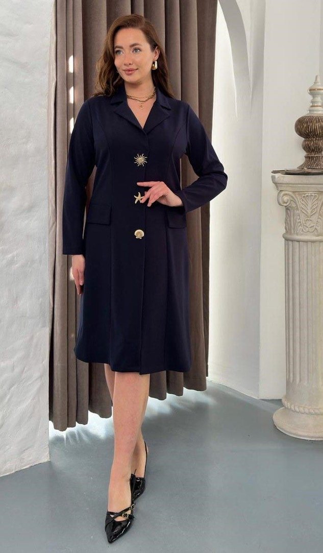 Düğmeli Lacivert Uzun Kadın Takım Elbise - Görsel 3