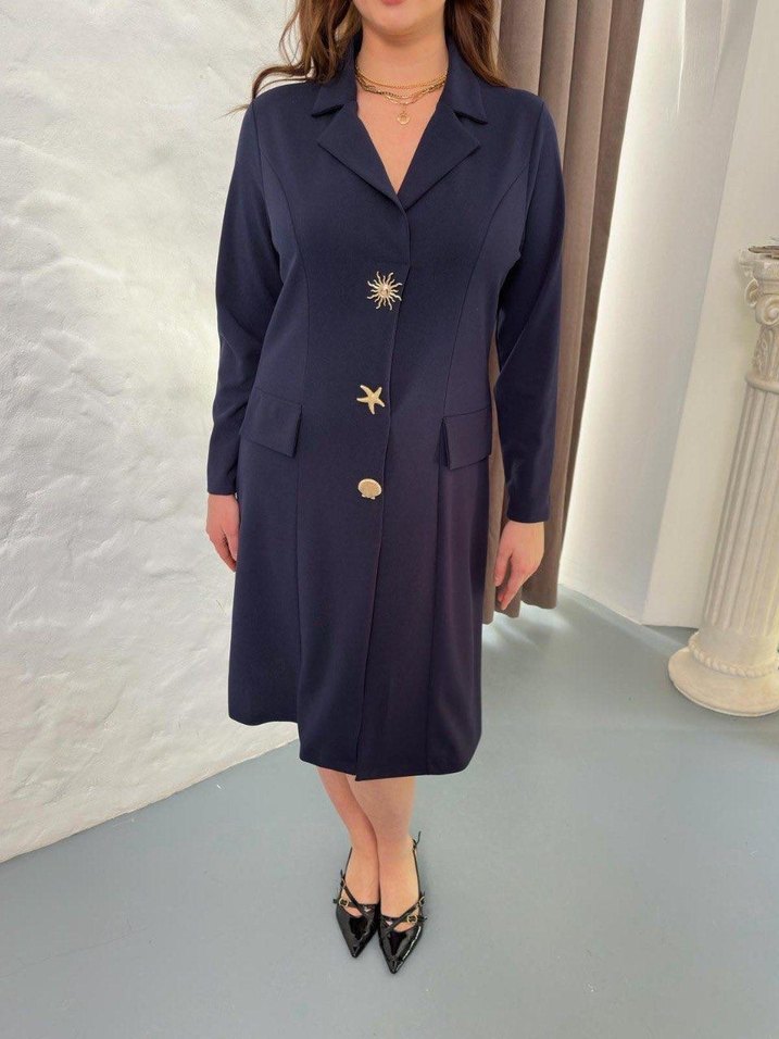 Düğmeli Lacivert Uzun Kadın Takım Elbise - Görsel 4