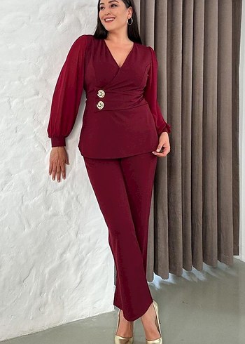 Bordo Düğmeli Uzun Kollu Kadın Takım - Görsel 2