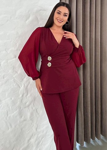 Bordo Düğmeli Uzun Kollu Kadın Takım - Görsel 4