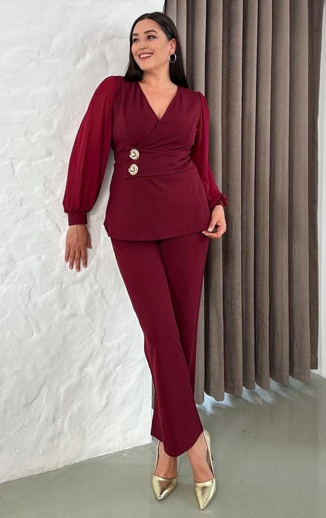 Bordo Düğmeli Uzun Kollu Kadın Takım - Görsel 2