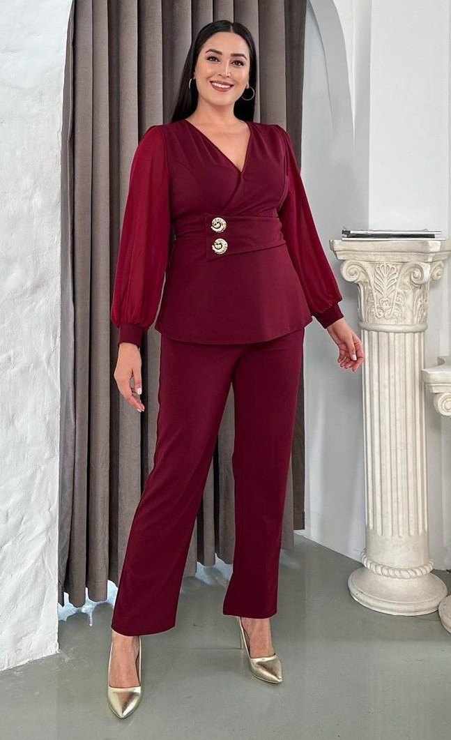 Bordo Düğmeli Uzun Kollu Kadın Takım - Görsel 3