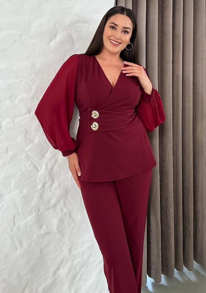 Bordo Düğmeli Uzun Kollu Kadın Takım - Görsel 4