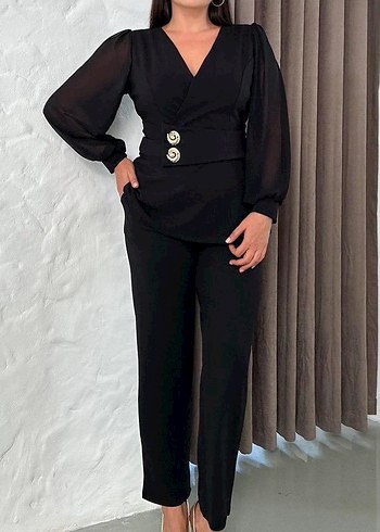 Düğmeli Siyah Kadın Uzun Kollu Takım - Görsel 5