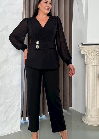 Düğmeli Siyah Kadın Uzun Kollu Takım - Görsel 4