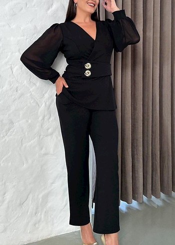 Düğmeli Siyah Kadın Uzun Kollu Takım - Görsel 3