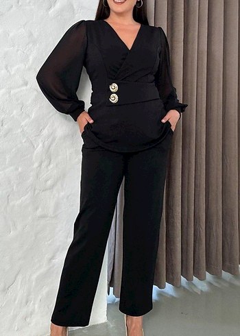 Düğmeli Siyah Kadın Uzun Kollu Takım - Görsel 6