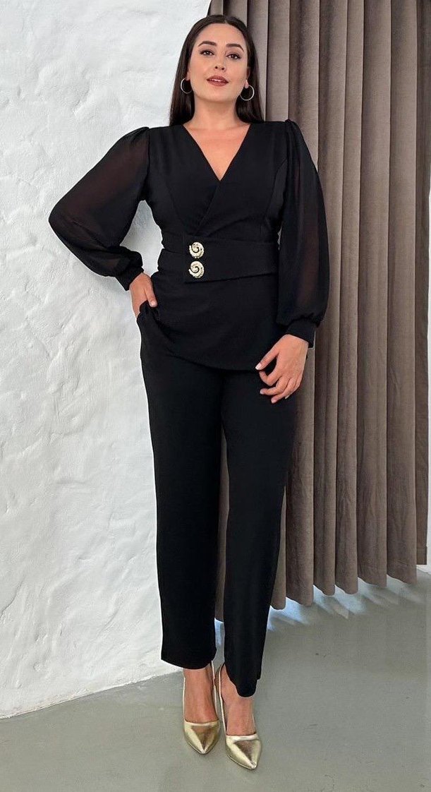 Düğmeli Siyah Kadın Uzun Kollu Takım - Görsel 5