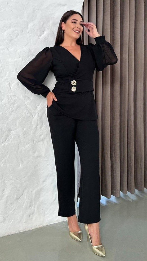 Düğmeli Siyah Kadın Uzun Kollu Takım - Görsel 3