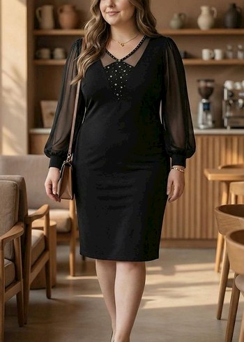 Boncuk Detaylı Siyah Midi Elbise - Görsel 4