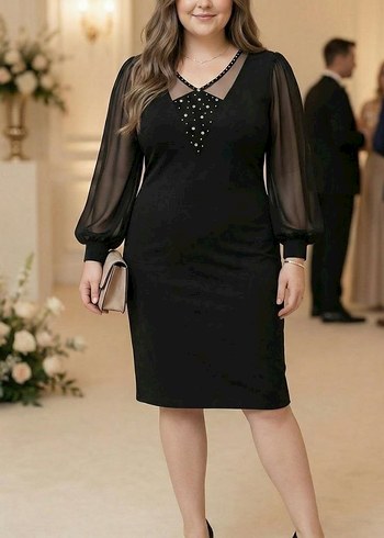 Boncuk Detaylı Siyah Midi Elbise - Görsel 2