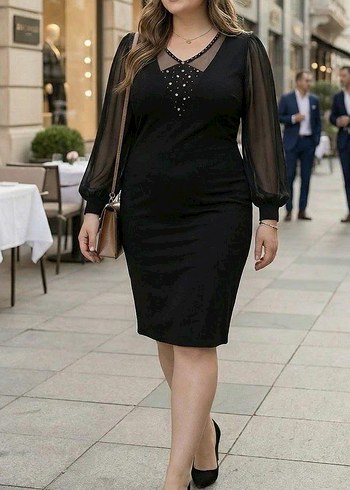 Boncuk Detaylı Siyah Midi Elbise - Görsel 3