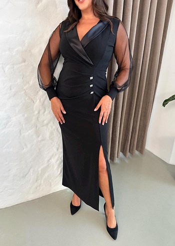 Uzun Siyah Ofis Elbisesi V Yakalı - Görsel 4