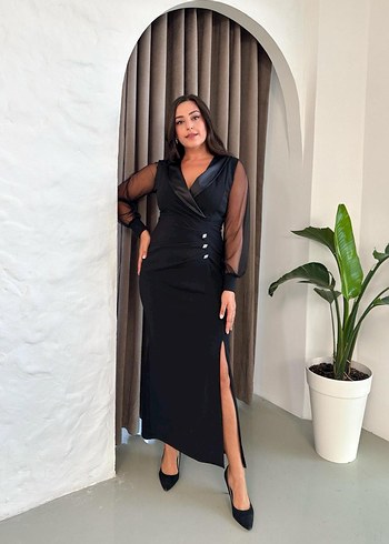 Uzun Siyah Ofis Elbisesi V Yakalı - Görsel 5