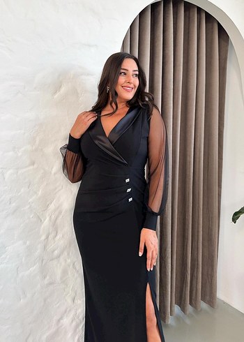 Uzun Siyah Ofis Elbisesi V Yakalı - Görsel 7