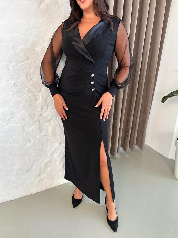 Uzun Siyah Ofis Elbisesi V Yakalı - Görsel 4