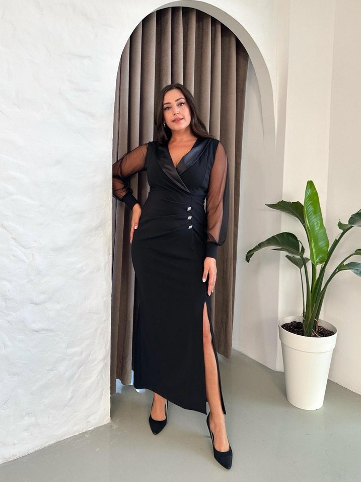 Uzun Siyah Ofis Elbisesi V Yakalı - Görsel 5