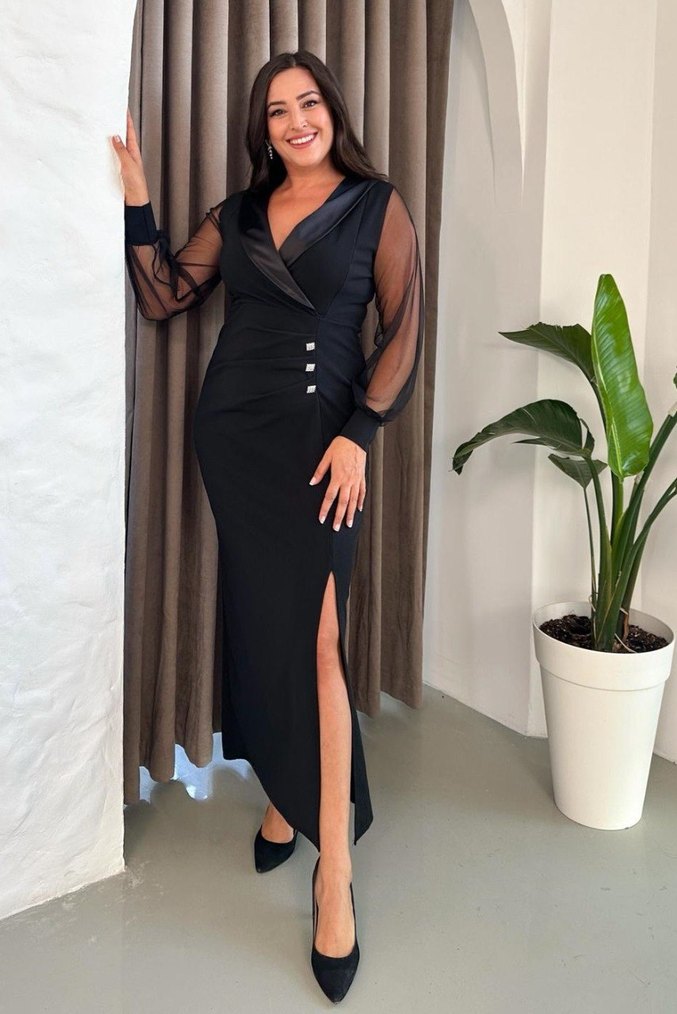 Uzun Siyah Ofis Elbisesi V Yakalı - Görsel 2