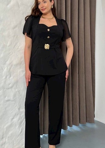 Düğmeli Siyah Kadın Ofis Takım Elbise - Görsel 8