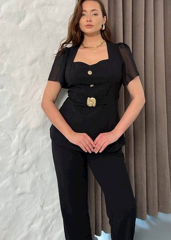 Düğmeli Siyah Kadın Ofis Takım Elbise - Görsel 6