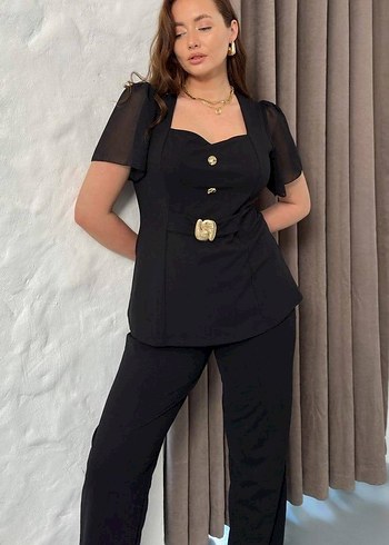 Düğmeli Siyah Kadın Ofis Takım Elbise - Görsel 4