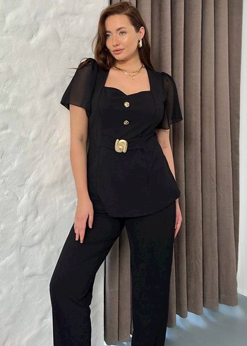 Düğmeli Siyah Kadın Ofis Takım Elbise - Görsel 5