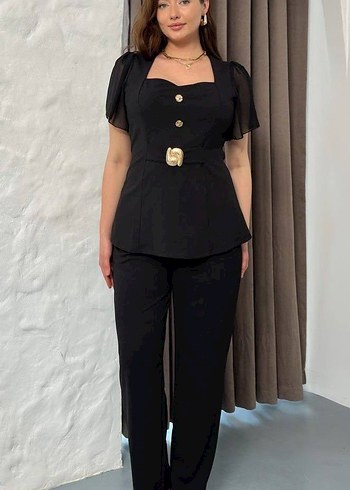 Düğmeli Siyah Kadın Ofis Takım Elbise - Görsel 3