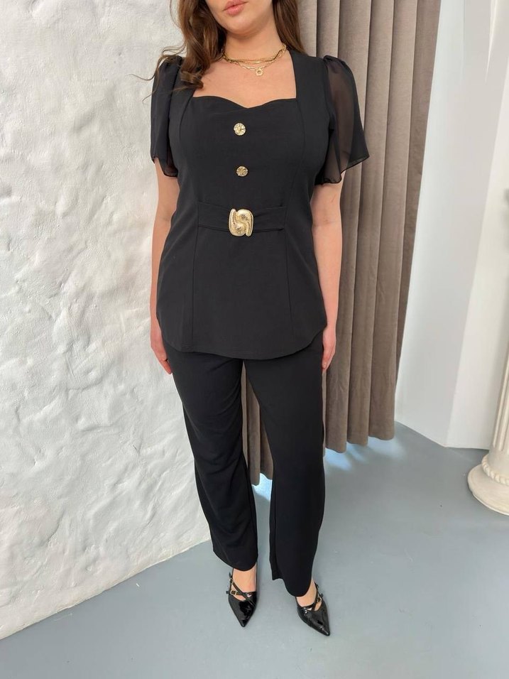 Düğmeli Siyah Kadın Ofis Takım Elbise - Görsel 2