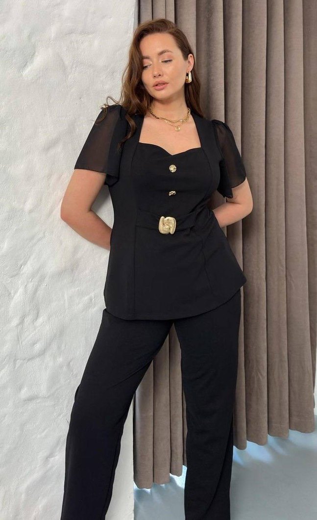Düğmeli Siyah Kadın Ofis Takım Elbise - Görsel 4
