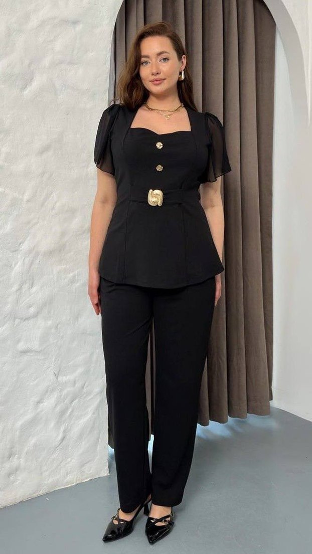 Düğmeli Siyah Kadın Ofis Takım Elbise - Görsel 3