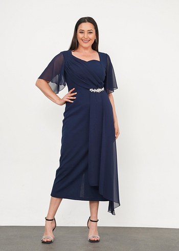 Kısa Kollu Lacivert Uzun Abiye Elbise - Görsel 5