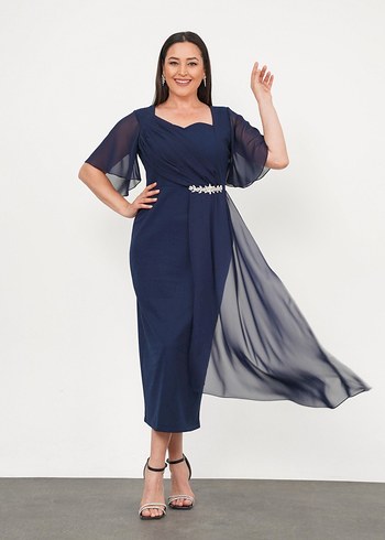 Kısa Kollu Lacivert Uzun Abiye Elbise - Görsel 4