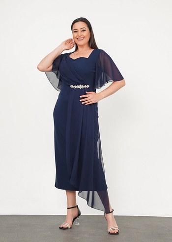 Kısa Kollu Lacivert Uzun Abiye Elbise - Görsel 7