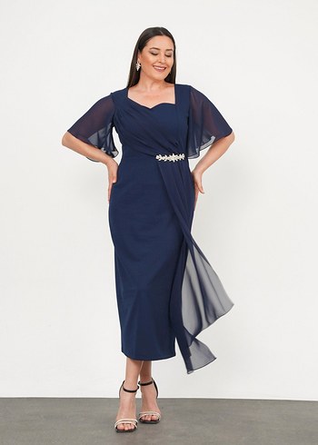 Kısa Kollu Lacivert Uzun Abiye Elbise - Görsel 3