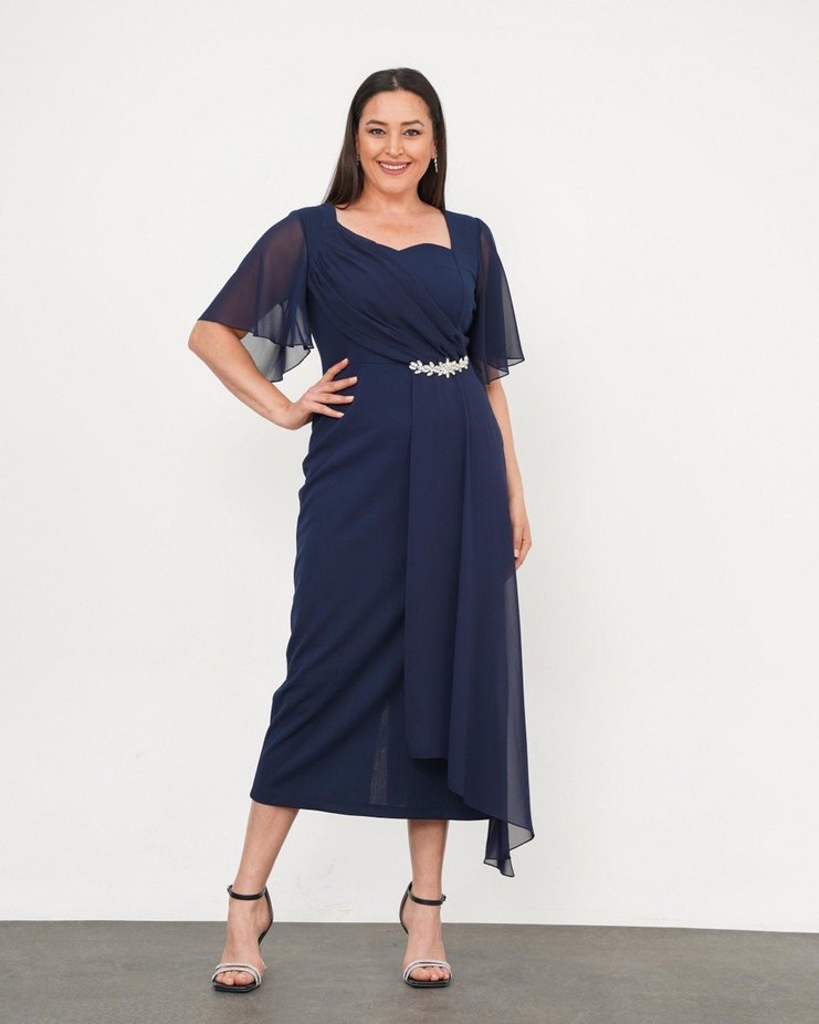 Kısa Kollu Lacivert Uzun Abiye Elbise - Görsel 5