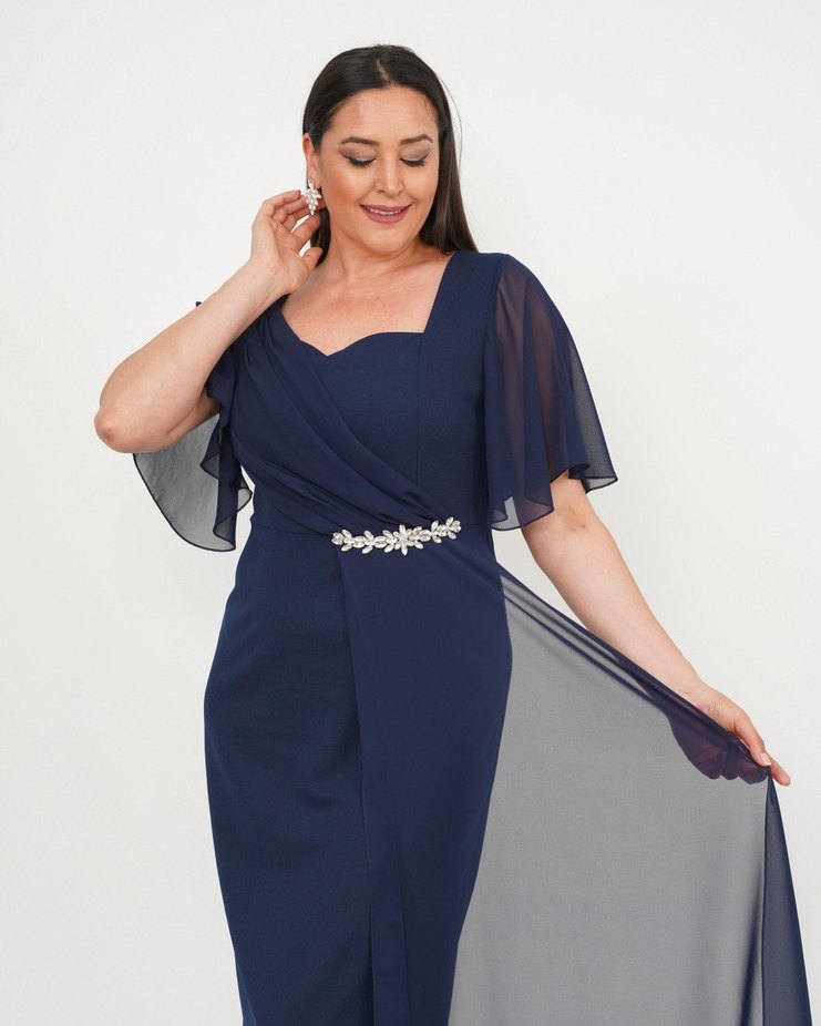 Kısa Kollu Lacivert Uzun Abiye Elbise - Görsel 2