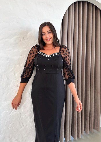 Büyük Beden Özel Tasarım kalp yaka İnci detaylı - Görsel 6