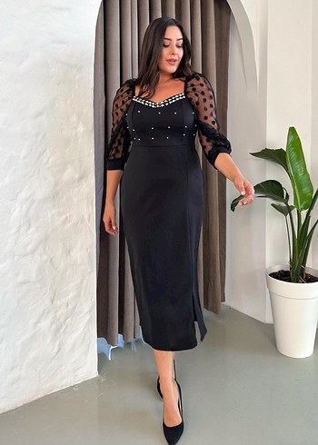 Büyük Beden Özel Tasarım kalp yaka İnci detaylı - Görsel 7