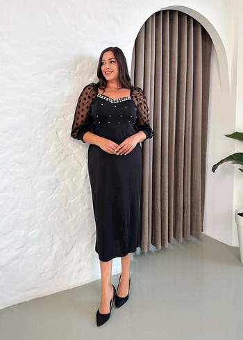 Büyük Beden Özel Tasarım kalp yaka İnci detaylı - Görsel 4