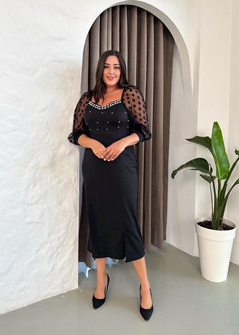 Büyük Beden Özel Tasarım kalp yaka İnci detaylı - Görsel 2