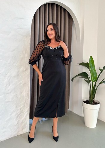 Büyük Beden Özel Tasarım kalp yaka İnci detaylı - Görsel 3