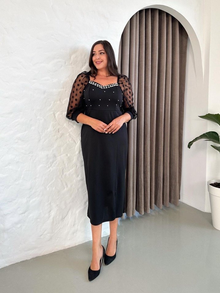 Büyük Beden Özel Tasarım kalp yaka İnci detaylı - Görsel 4