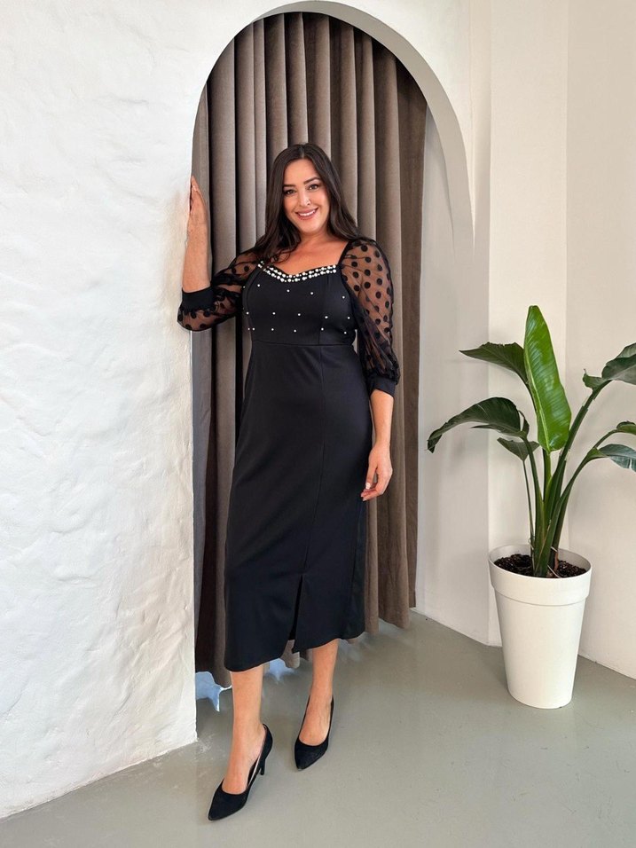 Büyük Beden Özel Tasarım kalp yaka İnci detaylı - Görsel 5