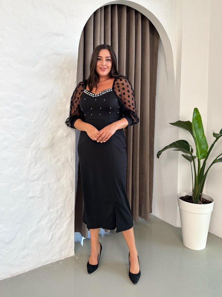 Büyük Beden Özel Tasarım kalp yaka İnci detaylı - Görsel 2